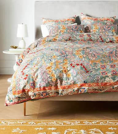 Lacey Organic Cotton Duvet Cover by Anthropologie in Green