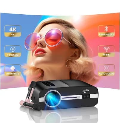 4K Smart Home Theater Projector with Built-in Apps,1350 ANSI Auto Focus,Wi-Fi 6 and Bluetooth 5.2,20W Speaker 300" Display for Indoor Outdoor Movies