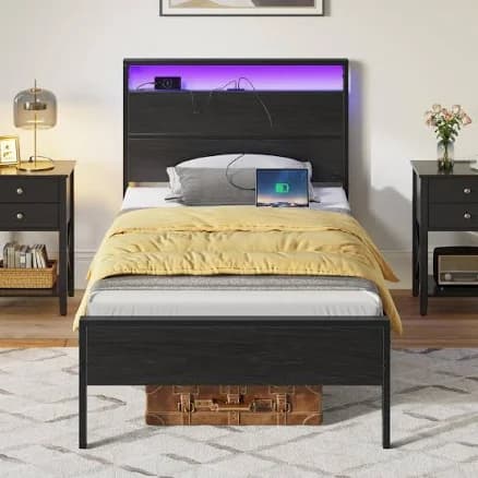 Rolanstar Bed Frame with Charging Station Bed with LED Lights Headboard