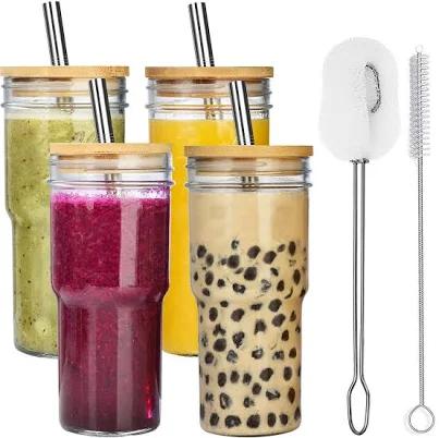 Shein 4 Pack Glass Cups with Bamboo Lids and Straws