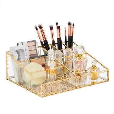 Glamlily Glass Makeup Organizer with Gold Trim