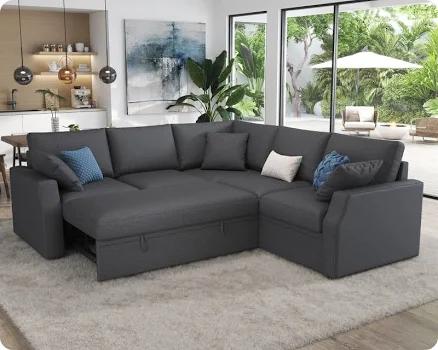 AMERLIFE Velvra 85'' Pull Out L Shaped Storage Seat Sectional Couch Sleeper Sofa