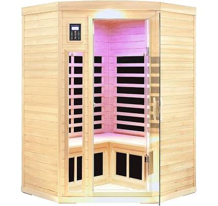 SALUSHEAT Far Infrared Wooden Sauna Room, 2-3 Person Home Sauna, Canadian Hemlock Indoor Corner Sauna Spa, 7 Low EMF Heaters, 2 Bluetooth Speakers,