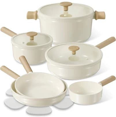 CAROTE Ceramic Pots and Pans Set, 14pcs Cookware Set, Non-toxic Healthy Non Stick Cooking Set, with Frying Pans Set,Cream