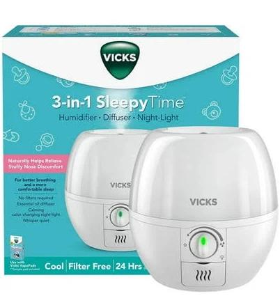 Vicks Filter-Free 3-in-1 Sleepytime Humidifier, Diffuser, Night-Light,