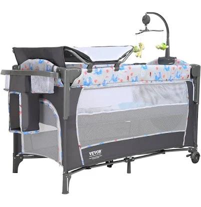 VEVOR Baby Bassinet 12-Level Height Adjustable Easy to Fold Portable Baby Bassinet Bedside Sleeper with Storage Basket & Wheels