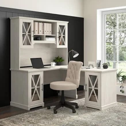 Bush Furniture Lennox 60W Farmhouse L Shaped Desk with Hutch and Storage Cabinets