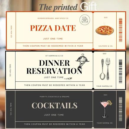 Dinner reservation ticket for date night gift voucher DIY Valentine gift for wife husband birthday present for anniversary dinner gift card