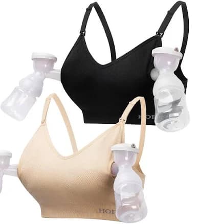 HOFISH Pumping Bra Hands Free Nursing Sports for Pregnancy Breastfeeding Women's Maternity & Adjustable Seamless Black+Nude / Medium