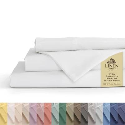 Linen Home Washed Cotton Percale Sheet Set Deep Pocket 4 Pieces Sheets