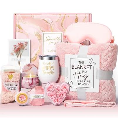 Birthday Gifts for Women Self Care Gifts Get Well Soon Gifts, Rose Relaxing Spa Gifts Basket Care Package w/ Luxury Flannel Blanket, Unique