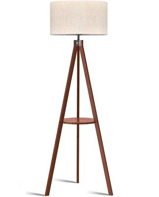 LEPOWER Tripod Floor Lamp, Mid Century Wood Standing Lamp, Modern Design Shelf Floor Lamp for Living Room, Bedroom, Office, Flaxen Lamp Shade with