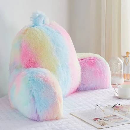 Bedriping Reading Pillow for Bed - Faux Fur Backrest Pillow with Arms, Reading & Bed Rest Pillows Rainbow Colors, Fluffy Sit Up Pillow, Study Pillow