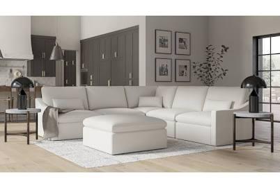 Reclining Sectional - Kennedy Cream 121" 5 Piece Power L-Shaped Modular 2 Recliners Modern Beige Polyester Solid at Living Spaces