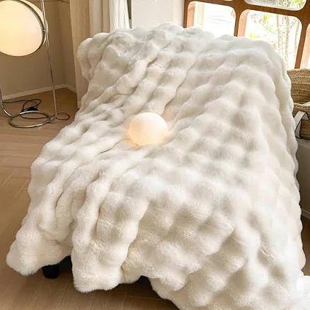 Luxury Thick Plush Faux Rabbit Fur Throw Blanket Ultra-Plush Cozy Soft Decorative Blanket Use for Couch Bed Travel(Beige,60"*80")