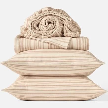 Cloud Brushed Flannel Sheet Set Twin Camel Tonal Stripe | 100% Organic Cotton | Soft, Warm & Cozy | Natural Comfort | GOTS Certified | Coyuchi