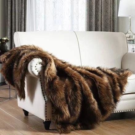 Luxury Plush Faux Fur Throw Blanket, Long Pile Brown with Black Tipped Blanket, Super Warm, Fuzzy, Elegant, Fluffy Decoration Blanket Scarf for Sofa