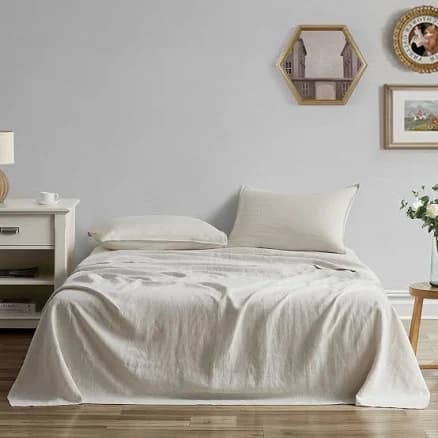 GIORCIS 100% Linen Sheet Set - Stone Washed Pure Natural French Flax Bedding 16" Deep Pocket Soft Breathable Durable 4Pcs Set- 1 Flat Sheet, 1
