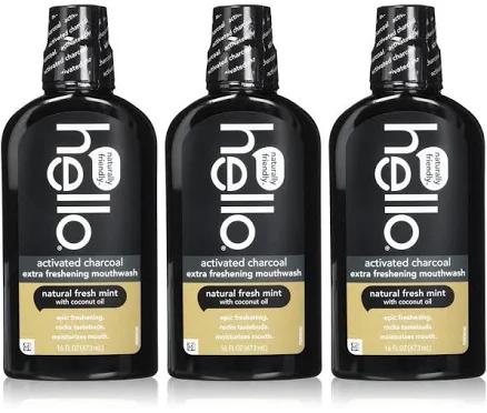 Hello Activated Charcoal Extra Freshening Mouthwash, Natural Fresh Mint and Coconut Oil, Fluoride Free, Alcohol Free, Vegan, SLS Free and Gluten