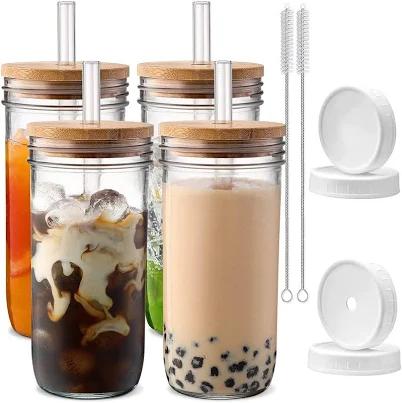 Glass Cups with Lids and Straws,24 oz Smoothie Cup with Lid and Straw-DWTS Boba Mason Jar,Wide Mouth Reusable Drinking Glasses,Iced Coffee Cups