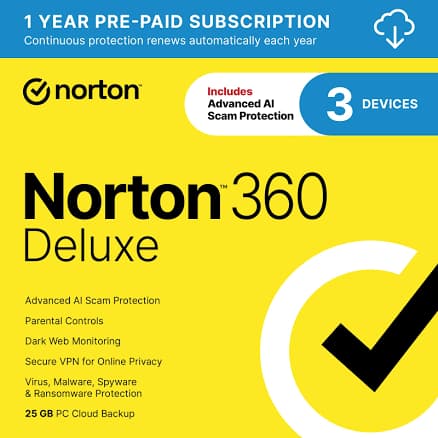 Norton 360 Deluxe 2025, Antivirus software for 3 Devices with Auto-Renewal – Includes Advanced AI Scam Protection, VPN, Dark Web Monitoring & PC