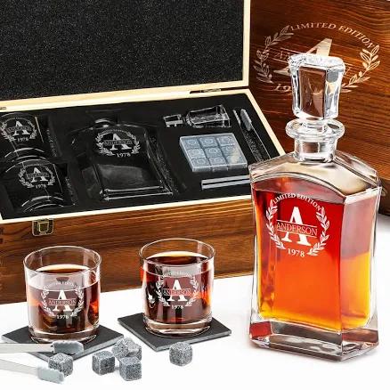 Personalized Whiskey Decanter and Stones Set - Customized Gift for Him - Men, Dad, Father - Engraved Old Fashioned Decanter, Glasses, 9 Granite