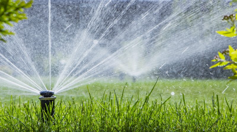 low-angle-shot-of-sprinklers-spraying-water-over-green-lawn