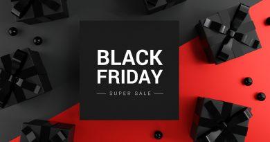 Black Friday Super Sale. Realistic black gifts boxes on dark and red background. Banner poster, header website. 3d render.